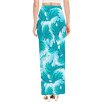 Blue Surfing Wave Pattern Print High Slit Maxi Skirt