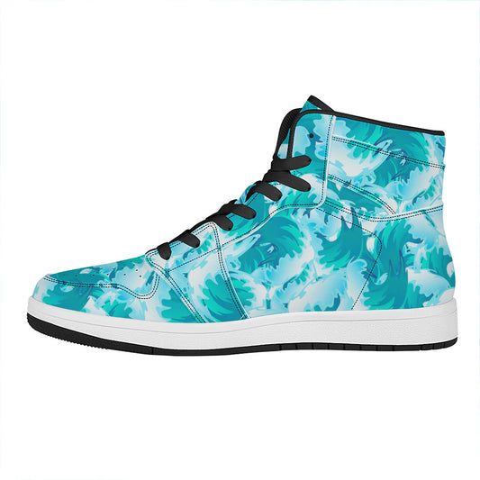 Blue Surfing Wave Pattern Print High Top Leather Sneakers