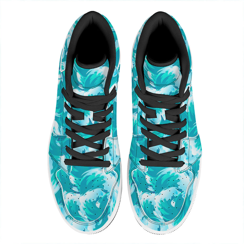 Blue Surfing Wave Pattern Print High Top Leather Sneakers