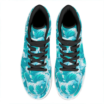 Blue Surfing Wave Pattern Print High Top Leather Sneakers