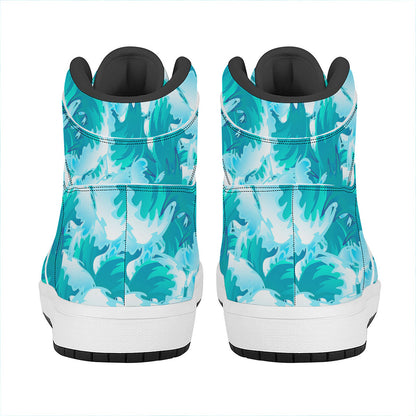 Blue Surfing Wave Pattern Print High Top Leather Sneakers