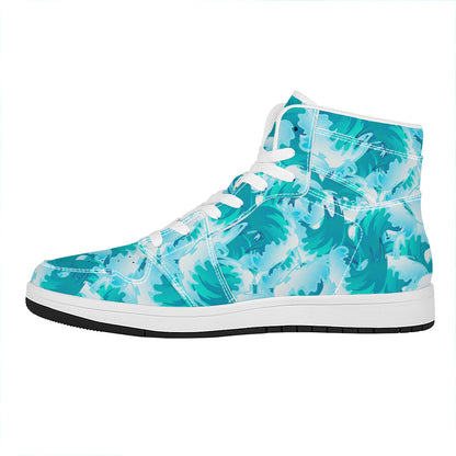 Blue Surfing Wave Pattern Print High Top Leather Sneakers