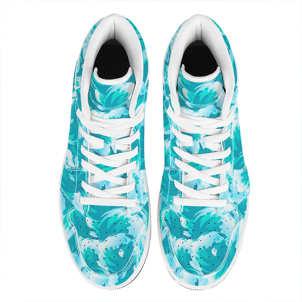 Blue Surfing Wave Pattern Print High Top Leather Sneakers