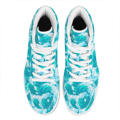 Blue Surfing Wave Pattern Print High Top Leather Sneakers