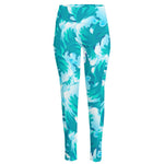 Blue Surfing Wave Pattern Print High-Waisted Pocket Leggings