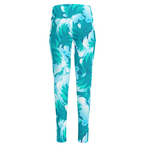 Blue Surfing Wave Pattern Print High-Waisted Pocket Leggings