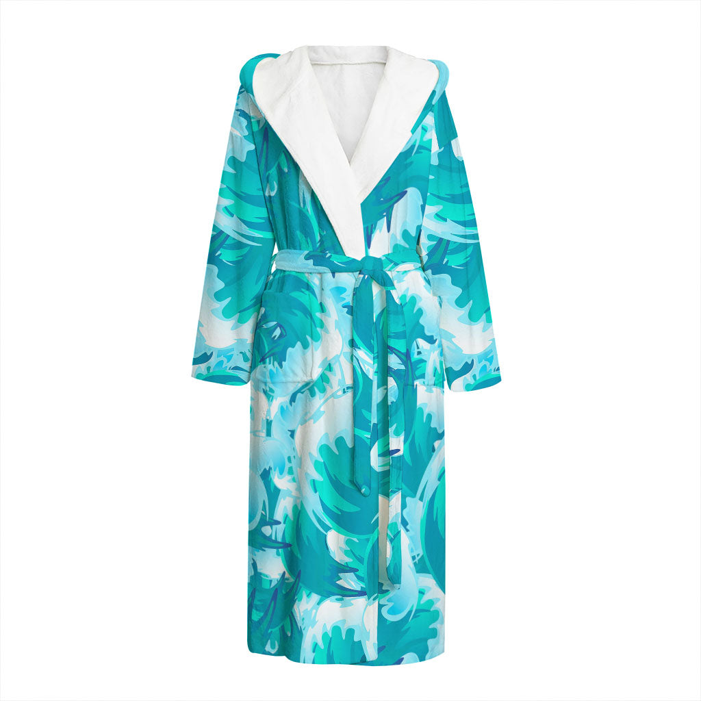 Blue Surfing Wave Pattern Print Hooded Bathrobe