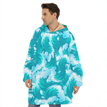 Blue Surfing Wave Pattern Print Hoodie Blanket