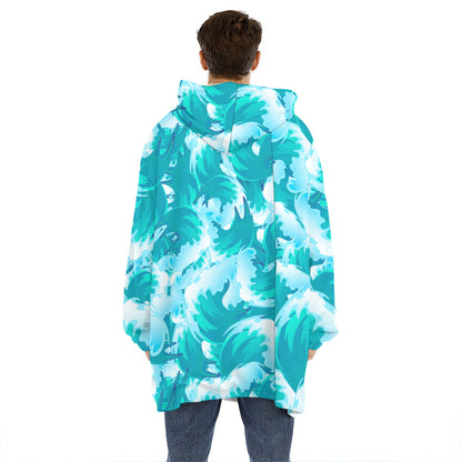 Blue Surfing Wave Pattern Print Hoodie Blanket