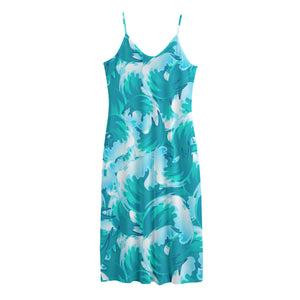 Blue Surfing Wave Pattern Print Jersey Midi Cami Dress