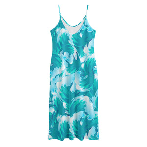 Blue Surfing Wave Pattern Print Jersey Midi Cami Dress