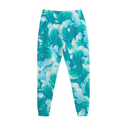 Blue Surfing Wave Pattern Print Jogger Pants