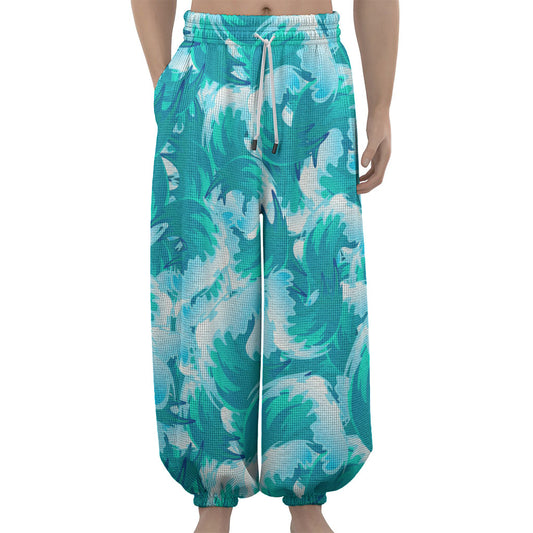 Blue Surfing Wave Pattern Print Lantern Pants