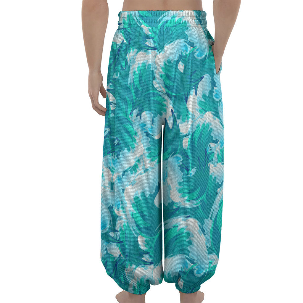 Blue Surfing Wave Pattern Print Lantern Pants