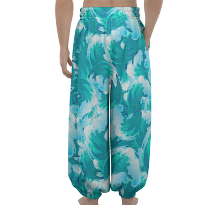 Blue Surfing Wave Pattern Print Lantern Pants