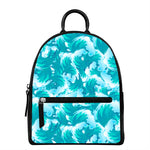 Blue Surfing Wave Pattern Print Leather Backpack
