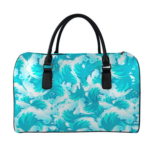 Blue Surfing Wave Pattern Print Leather Duffle Bag
