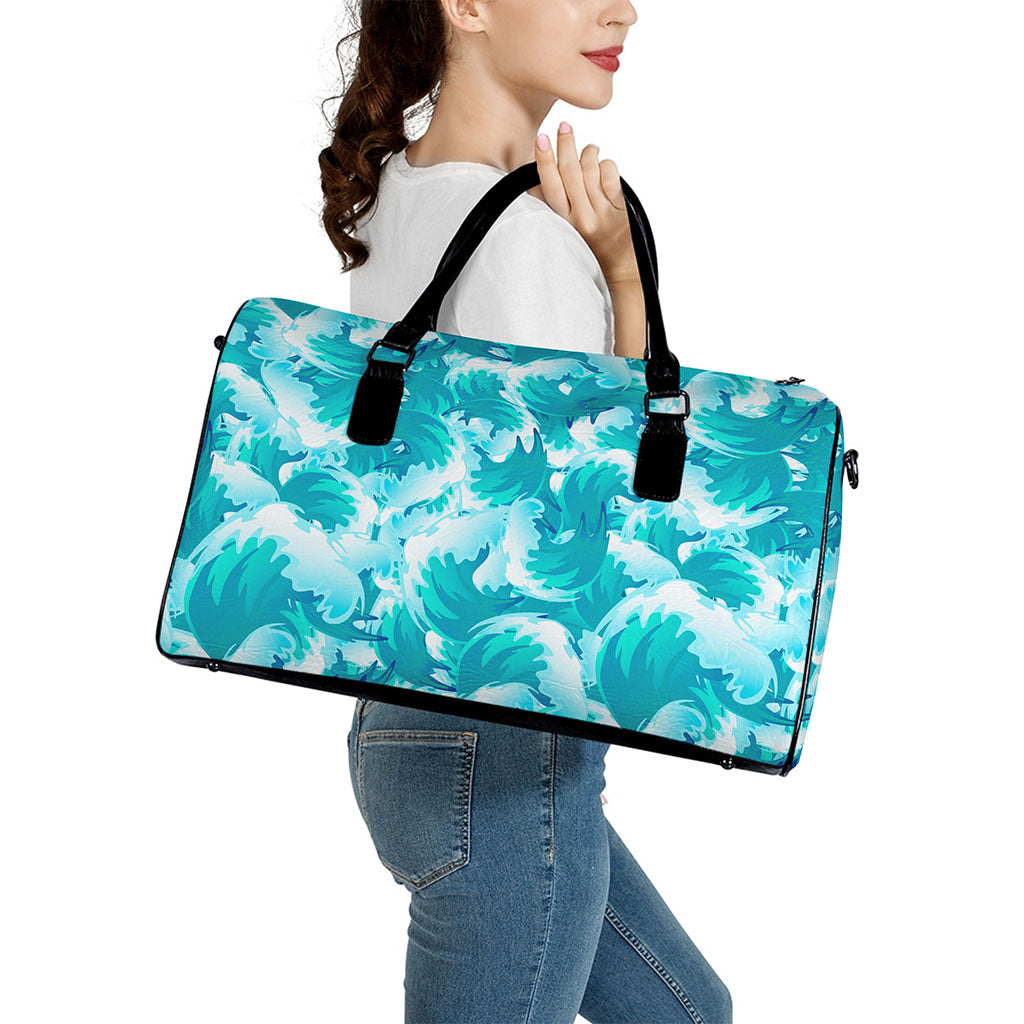 Blue Surfing Wave Pattern Print Leather Duffle Bag