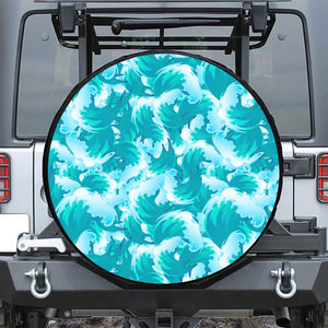 Blue Surfing Wave Pattern Print Leather Spare Tire Cover