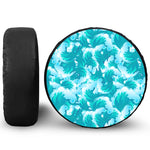 Blue Surfing Wave Pattern Print Leather Spare Tire Cover