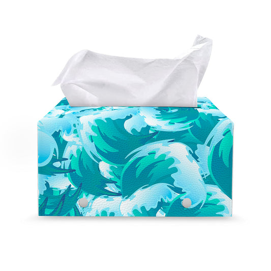 Blue Surfing Wave Pattern Print Leather Tissue Box Cover