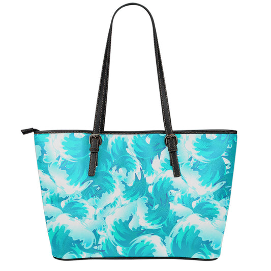 Blue Surfing Wave Pattern Print Leather Tote Bag