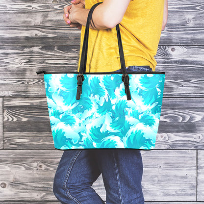 Blue Surfing Wave Pattern Print Leather Tote Bag