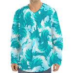 Blue Surfing Wave Pattern Print Long Sleeve Baseball Jersey