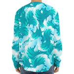 Blue Surfing Wave Pattern Print Long Sleeve Baseball Jersey