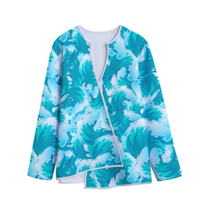 Blue Surfing Wave Pattern Print Long Sleeve Short Coat