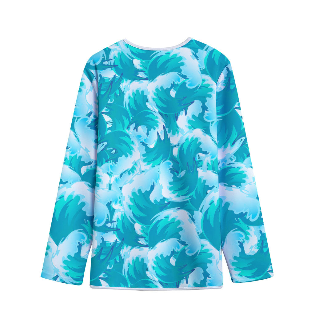 Blue Surfing Wave Pattern Print Long Sleeve Short Coat