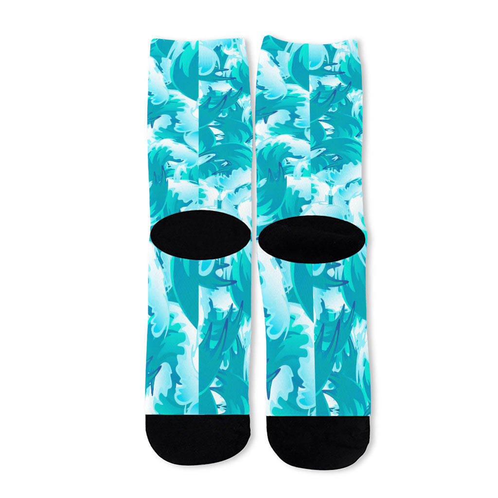 Blue Surfing Wave Pattern Print Long Socks
