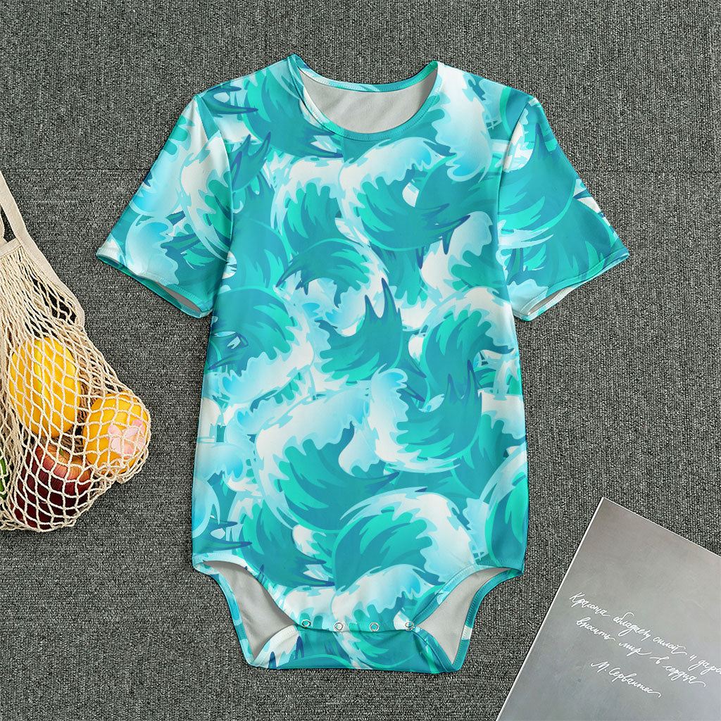 Blue Surfing Wave Pattern Print Men's Bodysuit
