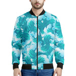 Blue Surfing Wave Pattern Print Men's Bomber Jacket