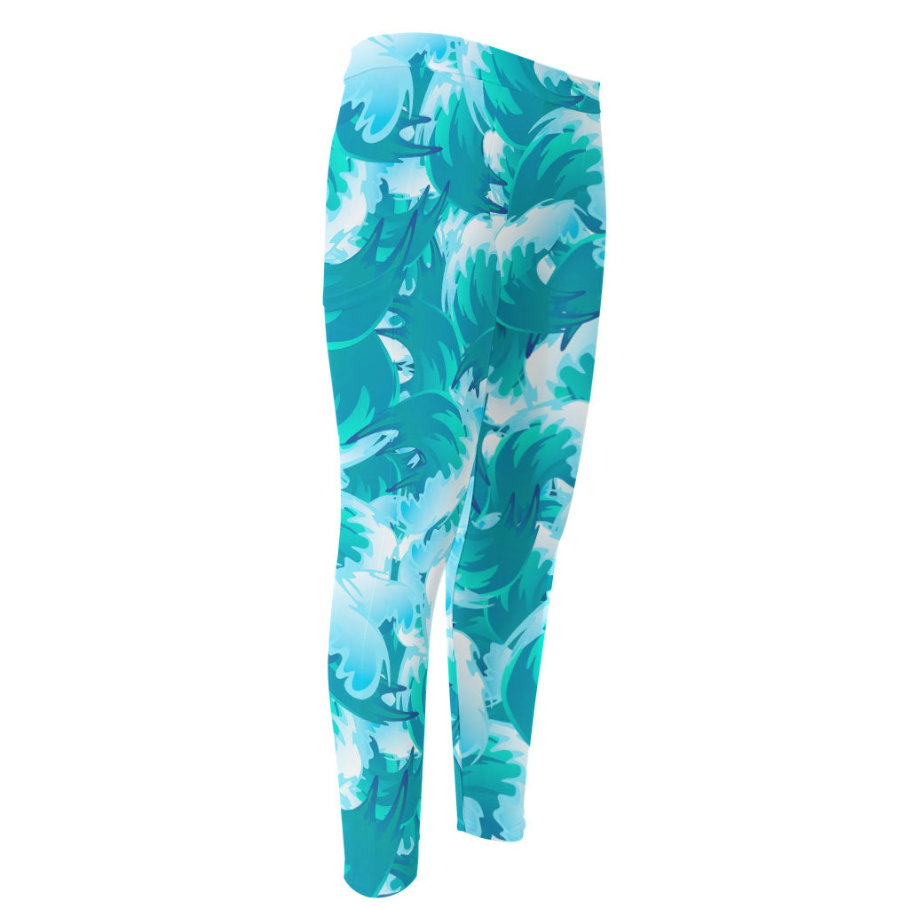 Blue Surfing Wave Pattern Print Men's Compression Pants