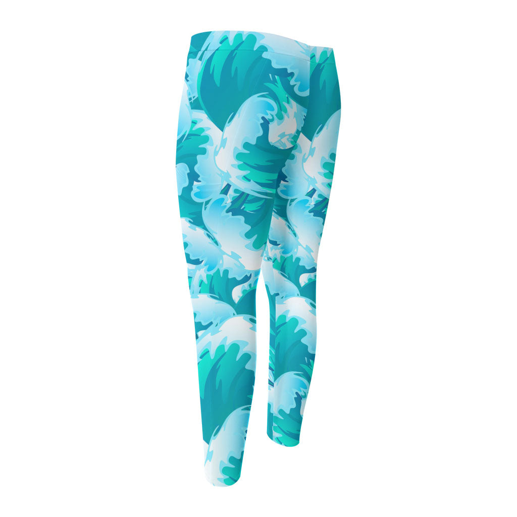 Blue Surfing Wave Pattern Print Men's Compression Pants