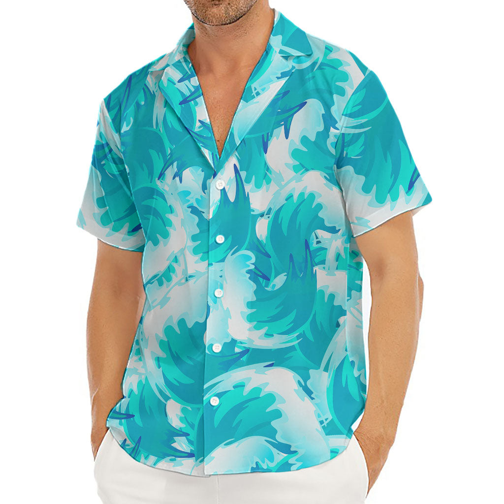 Blue Surfing Wave Pattern Print Men's Deep V-Neck Shirt