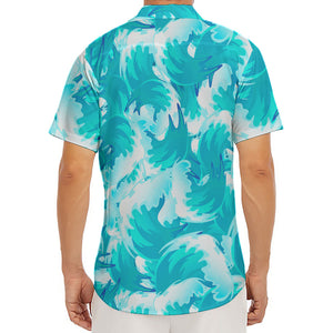 Blue Surfing Wave Pattern Print Men's Deep V-Neck Shirt