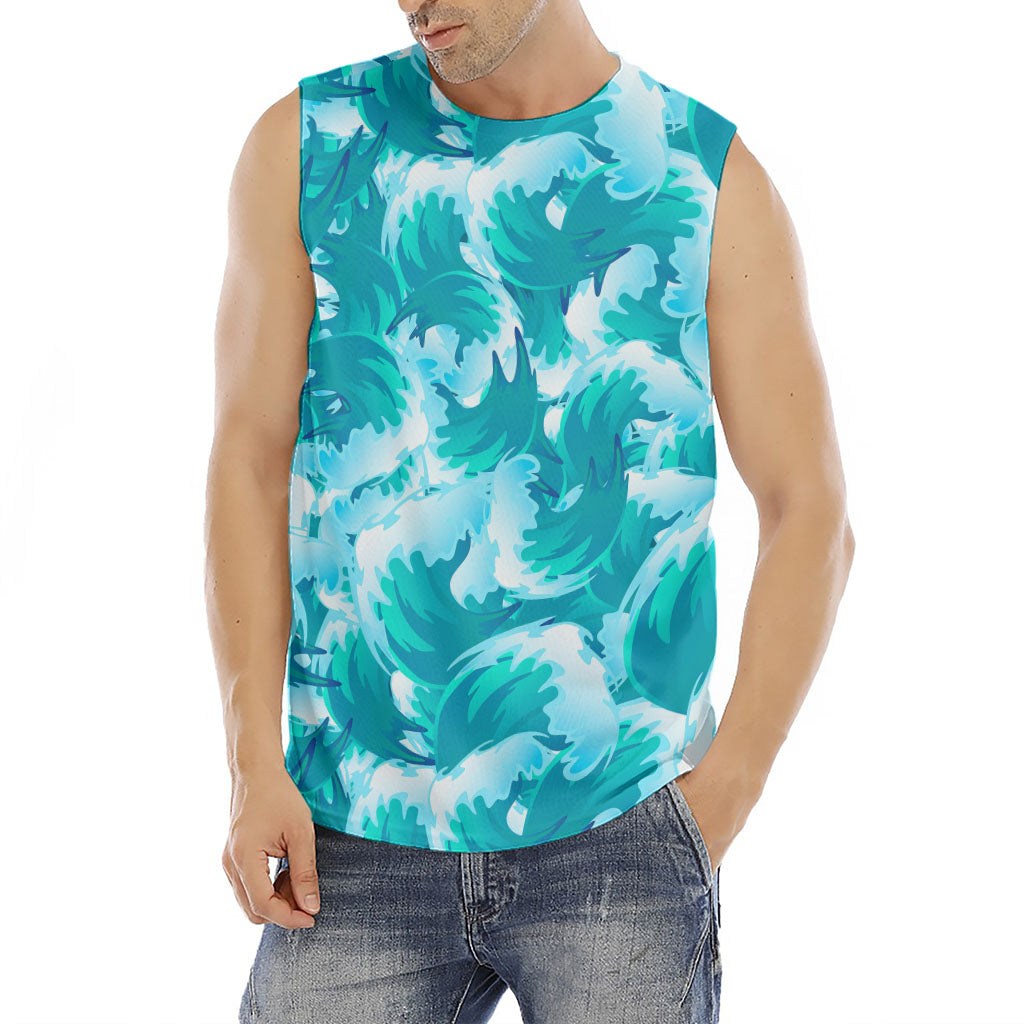 Blue Surfing Wave Pattern Print Men's Fitness Tank Top