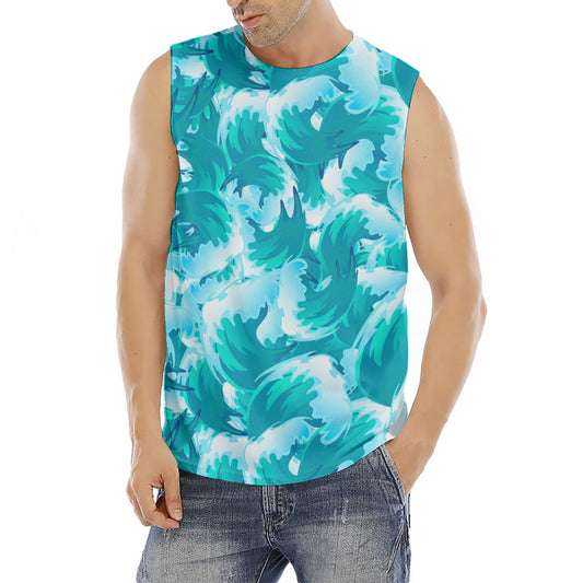 Blue Surfing Wave Pattern Print Men's Fitness Tank Top