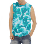 Blue Surfing Wave Pattern Print Men's Fitness Tank Top