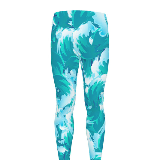 Blue Surfing Wave Pattern Print Men's leggings