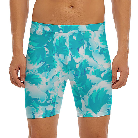Blue Surfing Wave Pattern Print Men's Long Boxer Briefs