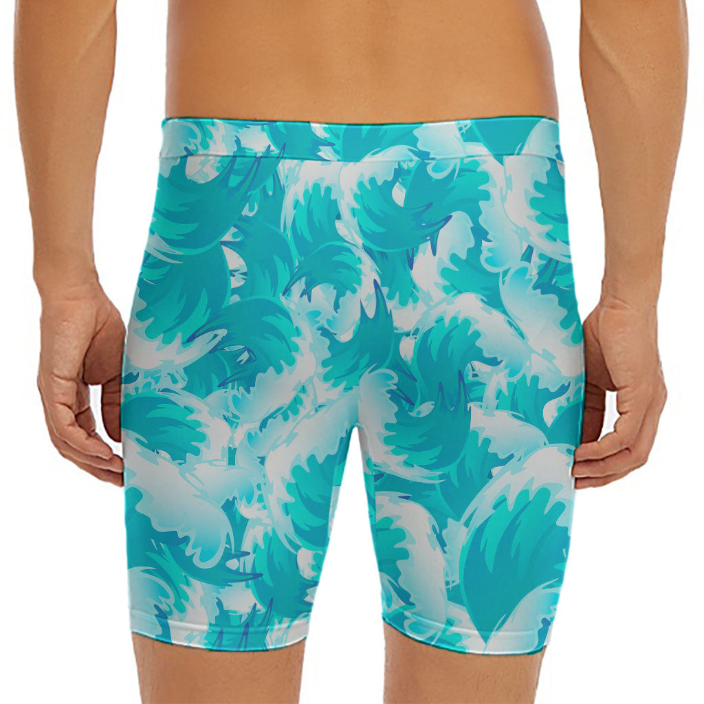 Blue Surfing Wave Pattern Print Men's Long Boxer Briefs