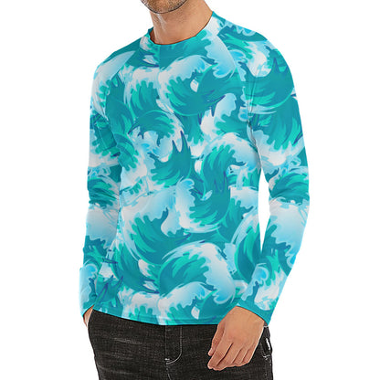Blue Surfing Wave Pattern Print Men's Long Sleeve Rash Guard