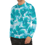 Blue Surfing Wave Pattern Print Men's Long Sleeve Rash Guard