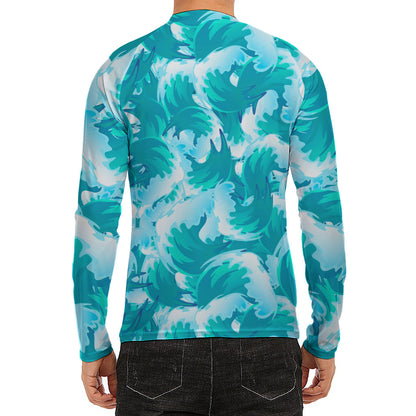 Blue Surfing Wave Pattern Print Men's Long Sleeve Rash Guard