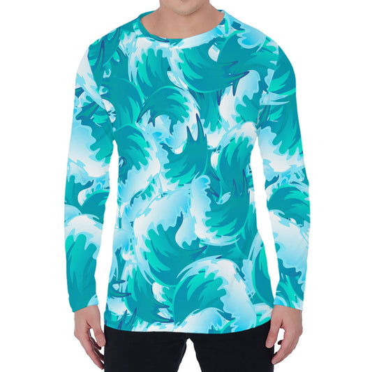 Blue Surfing Wave Pattern Print Men's Long Sleeve T-Shirt