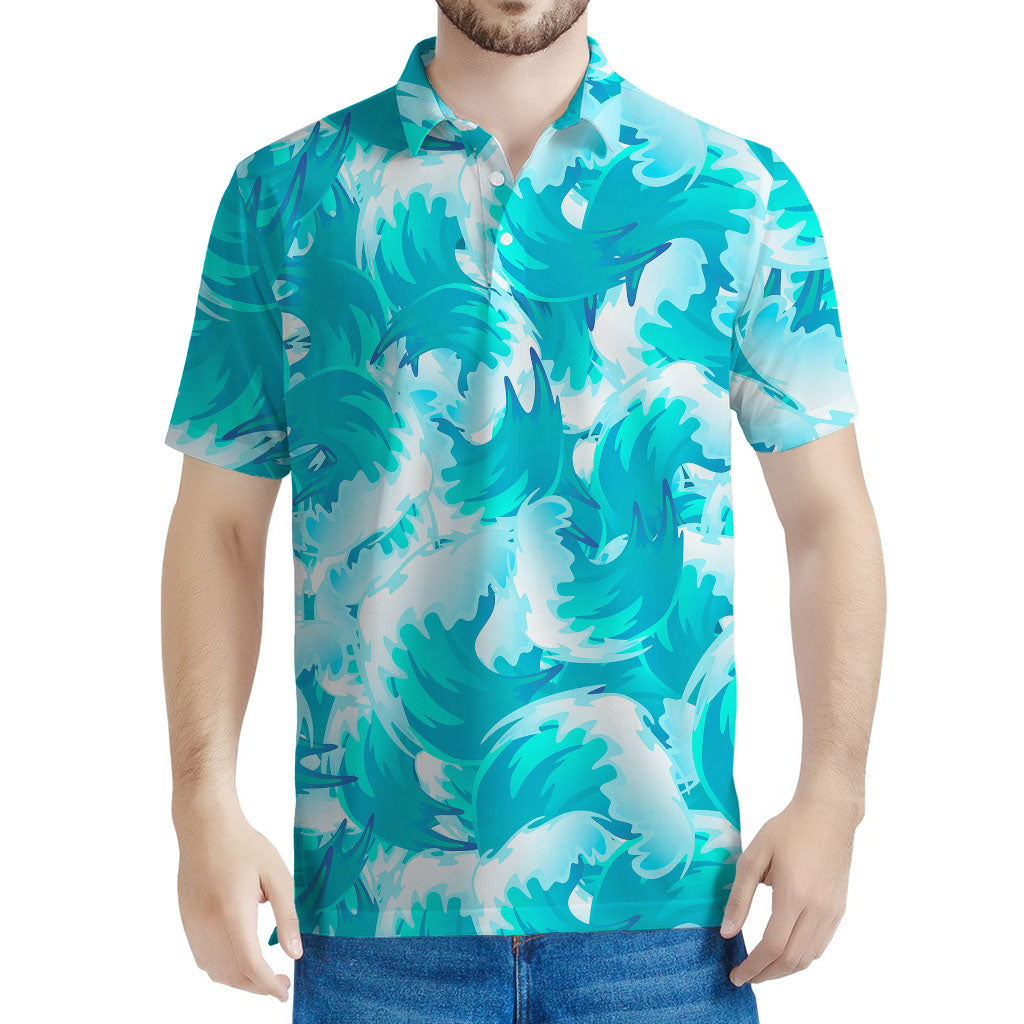 Blue Surfing Wave Pattern Print Men's Polo Shirt