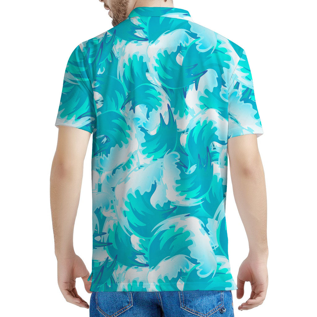 Blue Surfing Wave Pattern Print Men's Polo Shirt